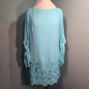Tahari Arthur S Levine Blue Embroidered Floral Sheer Tie Sleeve Shift Dress